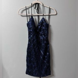 NWT Windsor Iridescent Navy Sequin Mini Dress Size Large Criss-Cross Back